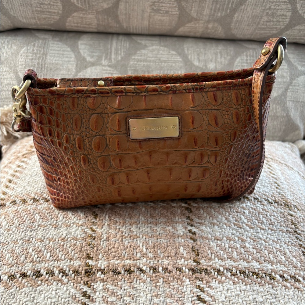 BRAHMIN Lorelei Shoulder/Clutch Handbag Pecan Croco Embossed Leather